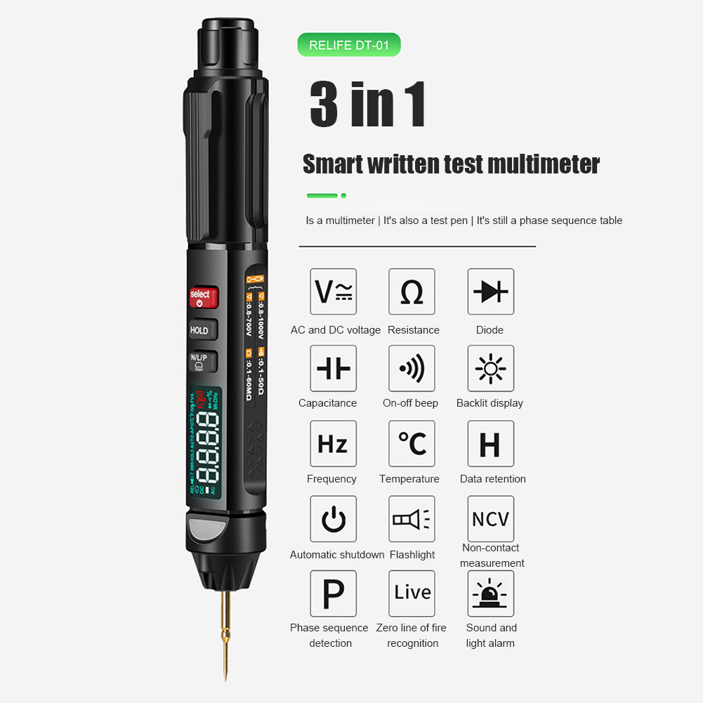 RELIFE 3 IN 1 DT-01 Smart Pen Multimeter High Precision Negative Test Lead